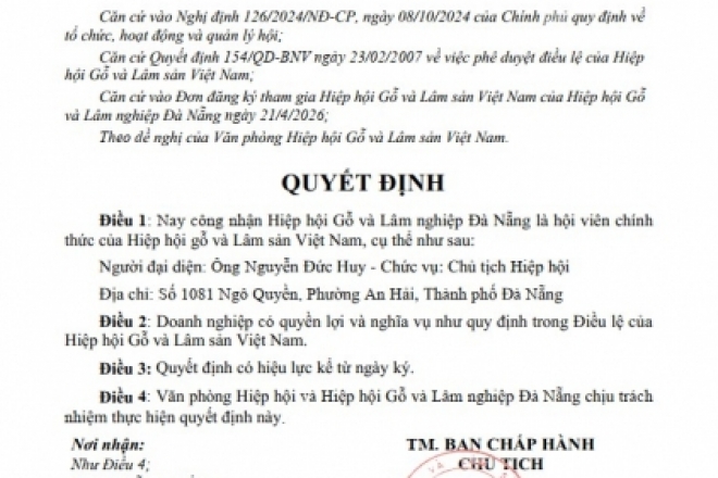 QUYẾT ĐỊNH CÔNG NHẬN HỘI VIÊN HIỆP HỘI GỖ VÀ LÂM SẢN VIỆT NAM